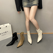显腿长~韩系性感尖头，高跟后拉链短靴，女秋冬时尚拼接细跟瘦瘦靴子