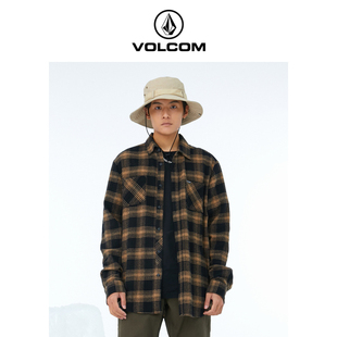 volcom钻石男装复古格子长袖，衬衫2023秋季中长款休闲翻领衬衣