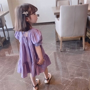 女童夏季连衣裙2024洋气一抹紫色泡泡袖连衣裙儿童时尚公主裙