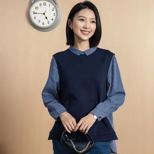 YUN韫2023秋季女装翻领条纹假两件长袖衬衫 韩版拼色上衣2928