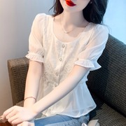 洋气方领短袖白色衬衫女2023年夏装韩版收腰显瘦提花雪纺上衣