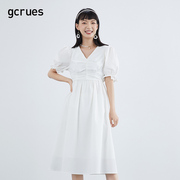 gcrues白色连衣裙v领夏季显瘦法式泡泡，袖裙子女中长款小清新