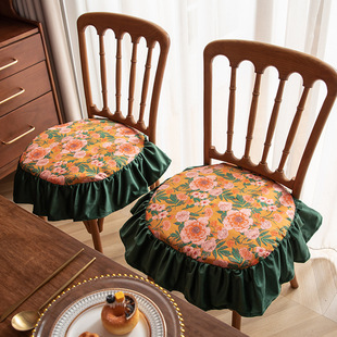 美式餐椅垫复古轻奢马蹄形坐垫荷叶边印花装饰可拆洗坐垫四季通用