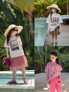 史豌豆(史豌豆)女童夏装，2024儿童可爱卡通，印花短袖t恤宝宝洋气上衣潮