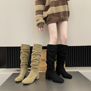 高跟长靴女2023秋季高筒粗跟时装小个子复古堆堆靴高级感靴子