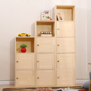 高档儿童实木书柜松木书架自由组合木收纳柜储物柜子带门书橱简易