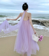 法式新娘晨袍挂脖轻婚纱，小礼服结婚睡裙，伴娘粉紫露背连衣裙