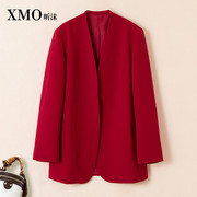 高端轻奢宽松红色v领西装女春装气质，显瘦中长款西服外套大码