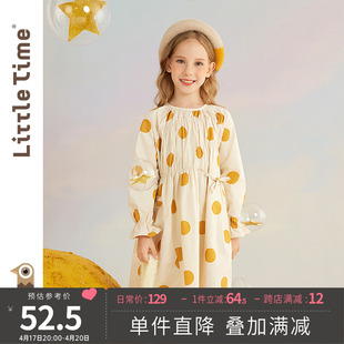 littletime女童连衣裙春装2023韩版纯棉春秋长袖儿童波点裙子