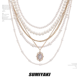 复古美式女高sumiyaki珍珠项链，女多层叠带高级感轻奢小香风颈链