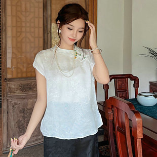 新中式国风真丝衬衫女圆领，斜襟盘扣短袖桑蚕丝，上衣设计感洋气小衫