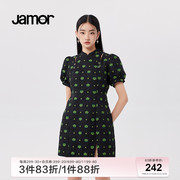Jamor时尚印花旗袍连衣裙女春季小众设计金属装饰新中式裙子