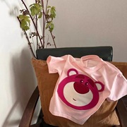 女童夏装短袖t恤棉布刺绣条纹草莓熊夏季儿童韩版宝宝半袖上衣潮