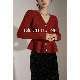 TTT设计款法式复古红色v领针织衫女装秋冬荷叶边内搭春装上衣