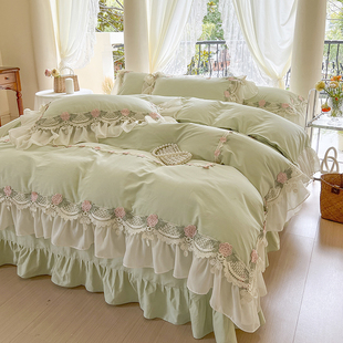 韩式绿色水洗全棉床上四件套100纯棉公主风，蕾丝花边被套床单少女4