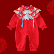 婴儿衣服秋装中国风红色，唐装宝宝连体衣满月百天一周岁公主礼服