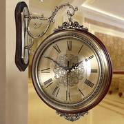 欧式客厅双面挂钟家用钟表，实木时钟美式创意时尚，石英钟静音两面钟