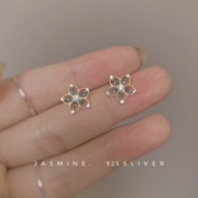 纯银宝石蓝金边兰花锆石，耳钉镂空花朵精致镶边耳环仙女