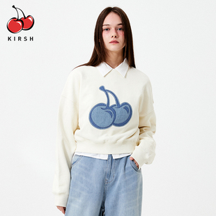 kirsh24年春季经典大樱桃logo短款圆领卫衣女小个子牛仔刺绣