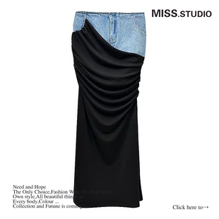 韩系高级感自然褶皱高腰拼接牛仔半身裙设计师款，个性气质包臀长裙