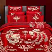 中式民族风龙凤刺绣婚庆，四件组大红色结婚床上用品，六件套新婚被套