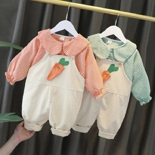 童装女童秋天衣服0-4岁女宝宝秋装背带裤套装外出婴儿洋气两件套3