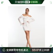 香港直邮潮奢 ASOS 女士设计皱褶网纱露肩迷你花饰米白色连衣裙