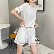 白色华夫格短袖运动套装女2023夏季休闲宽松织带短裤俩件套潮