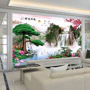 电视背景墙壁纸迎客松壁画山水，中式客厅装饰影视墙布流水生财