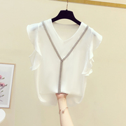 v领雪纺衫女2022夏季白色上衣设计感衬衫，荷叶边短袖t恤衫洋气