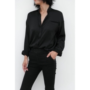 女士春秋原创设计夏薄款黑色极简长袖，衬衫立领女宽松欧美时尚衬衣