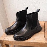 冬季男士皮靴头层牛皮套筒，短靴圆头厚底，英伦复古切尔西靴潮流靴