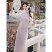 新中式改良旗袍长袖春季毛领假两件淑女复古文艺连衣裙中长款
