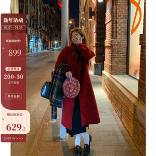 BingDaily红色双面羊绒大衣女冬季韩系小个子中长款绵羊毛呢外套