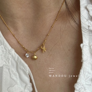 wandou925纯银海岛风海星，贝壳吊坠项链女小众，设计度假风锁骨链