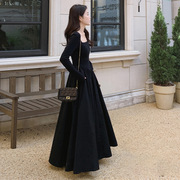 黑色法式长袖赫本风收腰，长裙春季女式棉质高级感春夏设计感连衣裙