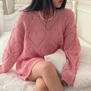 韩国chic秋冬甜美糖果色圆领镂空提花设计宽松休闲长袖针织衫毛衣
