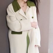 小香风绿色拼色长款双面羊绒大衣女高端设计师款毛呢子外套