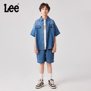 lee儿童短袖短裤2024夏季男女童牛仔套装，经典衬衫短裤两件套
