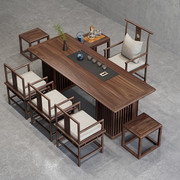 现代老榆木实木茶桌椅，乌金石茶盘一体，功夫茶台办公室泡茶桌椅组合
