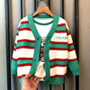韩系童装2023春秋撞色绿条纹开衫网红女童针织衫洋气男童毛衣外套