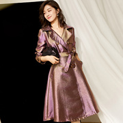 紫色中长款裙式收腰显瘦高端名媛气质风衣，秋季女装职业外套2178
