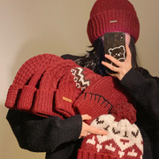 新年氛围感红色针织毛线帽子女冬季保暖百搭护耳冷帽骑行防寒