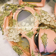 laceshabby欧洲进口复古法式浮雕蝴蝶结，树脂手柄镜子化妆镜粉色