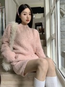 软糯粉色宽松长袖毛衣外套高腰包臀短裙女秋季2022时尚两件套