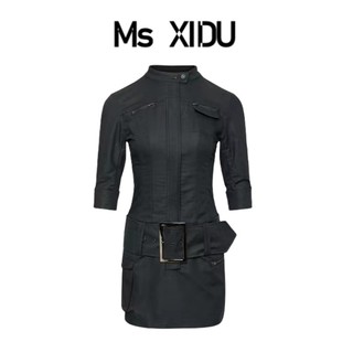 Ms XIDU 甜酷辣妹黑色中袖工装连衣裙女美式复古设计感修身短裙秋