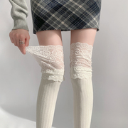 夜间教习室长筒袜女秋冬过膝蕾丝袜拼接洛丽塔，袜子春秋白色堆堆袜