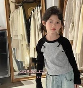 2024韩童装春秋撞色新中式长袖T恤紧身短款打底衫女童洋气时