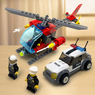 儿童男孩拼装玩具直升飞机系列，警察拼图6岁5以上益智积木军事小车