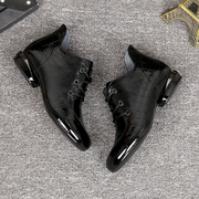 系带马丁靴2023黑色漆皮，女鞋粗跟靴子女，薄款中跟短靴女秋冬季